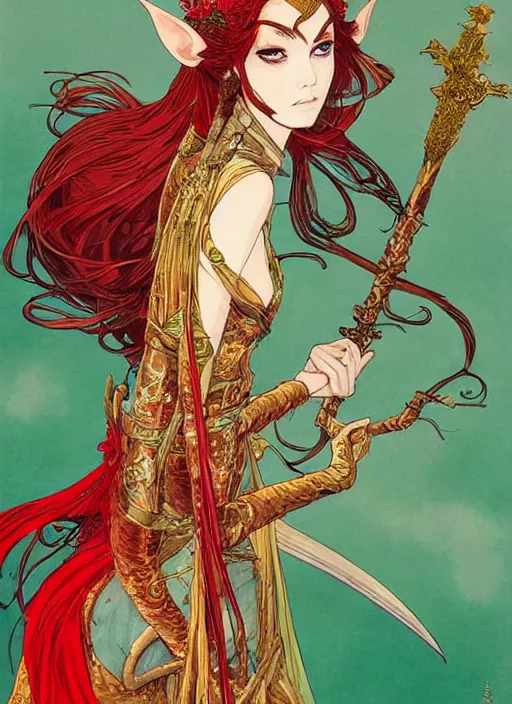 Image similar to beautiful elven queen in red green gold dress, detailed portrait, wearing kimono armor, sword, by conrad roset, takato yomamoto, jesper ejsing, beautiful