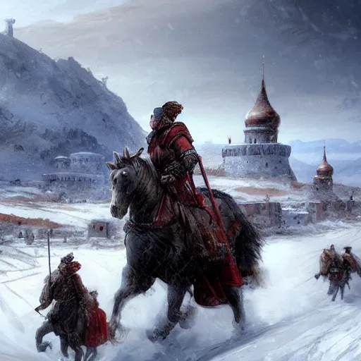 Prompt: Landscape of snowy mountains where we can perceive in the distance two ancient roman centurions on horses crossing the snow, distant imperial russian citadel with black domes and spires, snow storm, highly detailed, digital painting, artstation, concept art, illustration, art by Bayard Wu and Marc Simonetti and Diego Gisbert Llorens