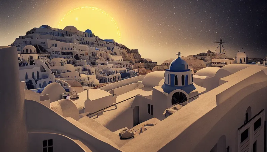 Prompt: 🌟🌜🎆, Art Deco, in SANTORINI island, starry night, Trending artstation, octane render, cgsociety, surrealist, cinematic, shadow of the tomb rider