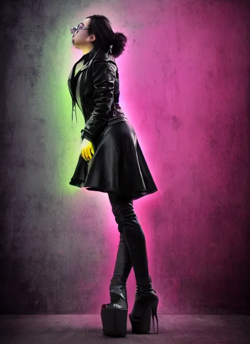 Image similar to a photo of 8 k ultra realistic a black haired female in high heels and a black leather jacket, pink, purple, green, yelow, red, blue, white neon, art by lise deharme