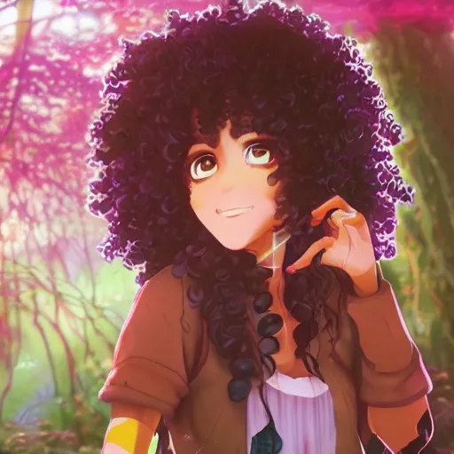 Image similar to A brown girl with black curly hair in a colorful forest, anime, highly detailed, artstation, 8k,