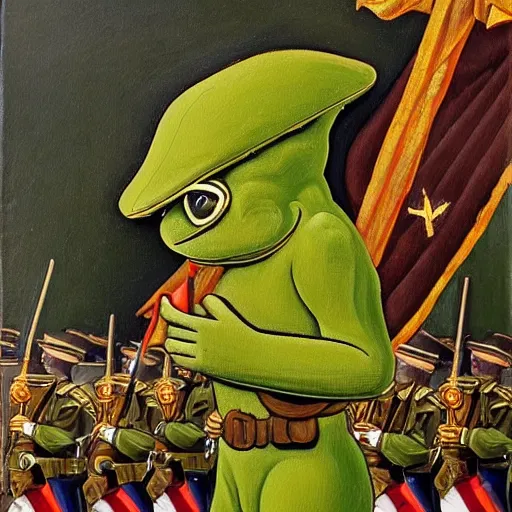 Prompt: pepe the frog in ww 1 military parade, schirmmutzen, pickelhaube, expressive oil painting in style of sandro botticelli and leonardo da vinci, uncropped