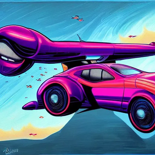 Image similar to a painting of anjelina jolie driving a flying car by dan mumford.