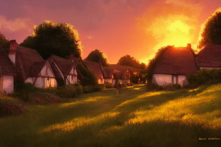 Prompt: sunset over the cottages in the shire, ghibli, artstation, award wining, rutkowski, shinkai