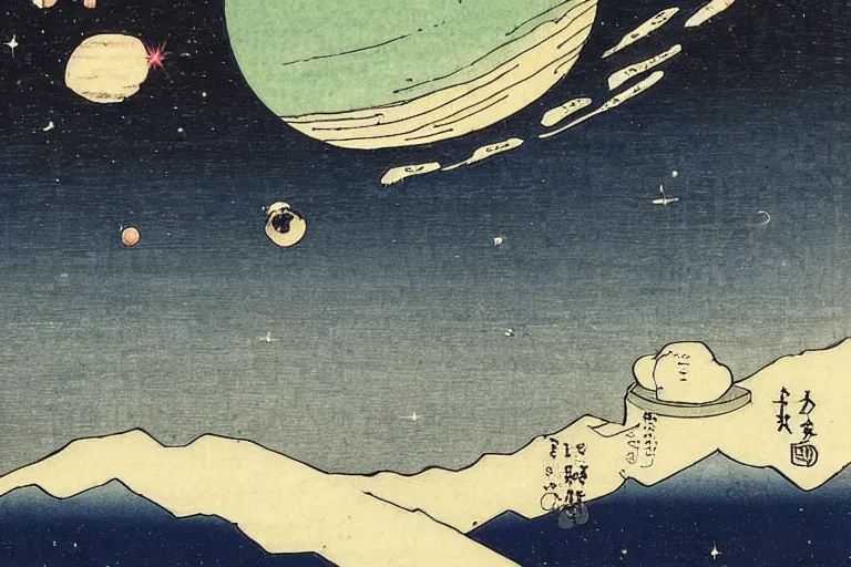 Image similar to hubble space telescope, the earth and stars in background ， by hiroshige utakawa