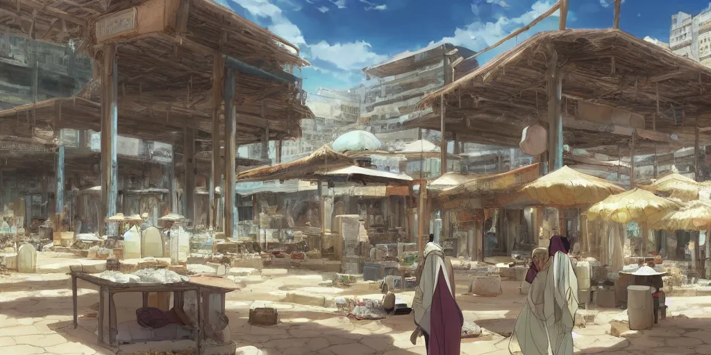 Prompt: an empty arabian marketplace with no people in biblical times by makoto shinkai