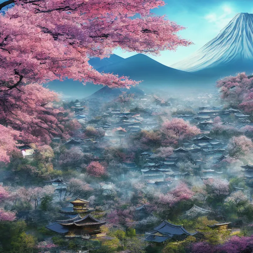 Prompt: old empty samurai city surrounded by sakura trees, beautiful valley and mountains with forest, sunrise on fuji, hyperrealism, matte painting, digital art, artistation