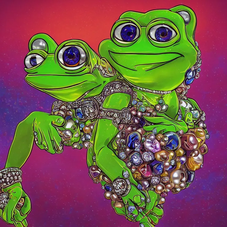 Image similar to maximalist detailed gemstone pepe the frog by adoryanti, machine. delusions, holosomnia, electrixbunny, rendered in discodiffusion. decorated with pearls and gems, behance hd by jesper ejsing, by rhads, makoto shinkai, ilya kuvshinov, rossdraws global illumination ray tracing hdr radiating a glowing aura