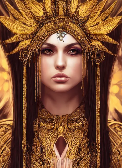 Image similar to beautiful full body concept art, photorealistic symmetrical beautiful face, symmetric eyes, female priestess with shiny hair wearing full intricate clothing, temple, godray, intricate lighting, micro detail, symmetric hands, cg society