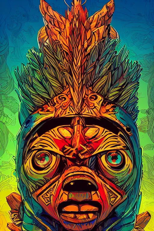 Image similar to totem animal tribal chaman vodoo mask feather gemstone plant wood rock video game illustration vivid color borderlands by josan gonzales and dan mumford radiating a glowing aura