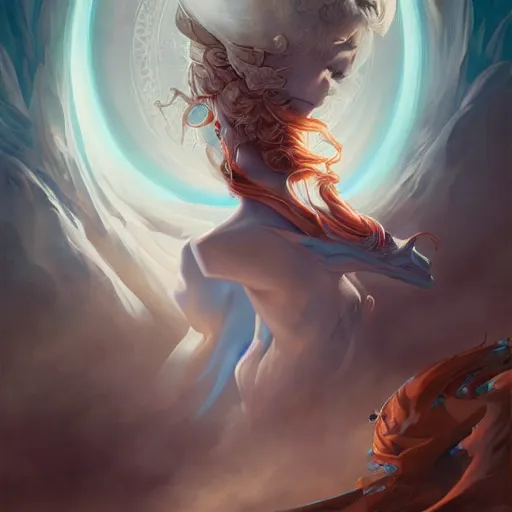 Image similar to a beautiful emanation from angelarium, portrait, centered composition, by pete mohrbacher and artgerm and wlop, digital art, highly detailed, intricate, fantasy, mystical, smooth, sharp detail, Trending on Artstation HQ, deviantart, unreal engine, 4K UHD image