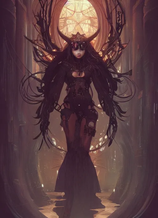 Image similar to a beautiful illustration of a cyberpunk witch with horns in head, intricate, sharp focus, illustration, highly detailed, digital painting, concept art, matte, art by wlop and artgerm and greg rutkowski and alphonse mucha, masterpiece