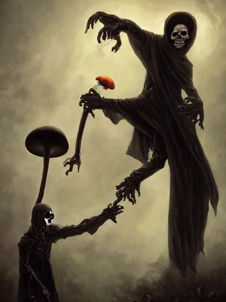 Prompt: the grim reaper pulling the soul out of a humanoid mushroom. Epic dark fantasy horror stylized oil painting by Ivan Shiskin. Trending on artstation