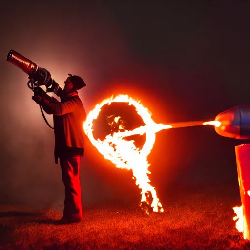 Image similar to photo of a clown using a flamethrower projecting a long bright flame towards a fire, award-winning, highly-detailed, 8K