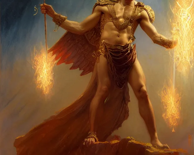 Image similar to attractive male deity, casting demonic magic, summoning handsome lucifer morning star. highly detailed painting by gaston bussiere, craig mullins, j. c. leyendecker 8 k