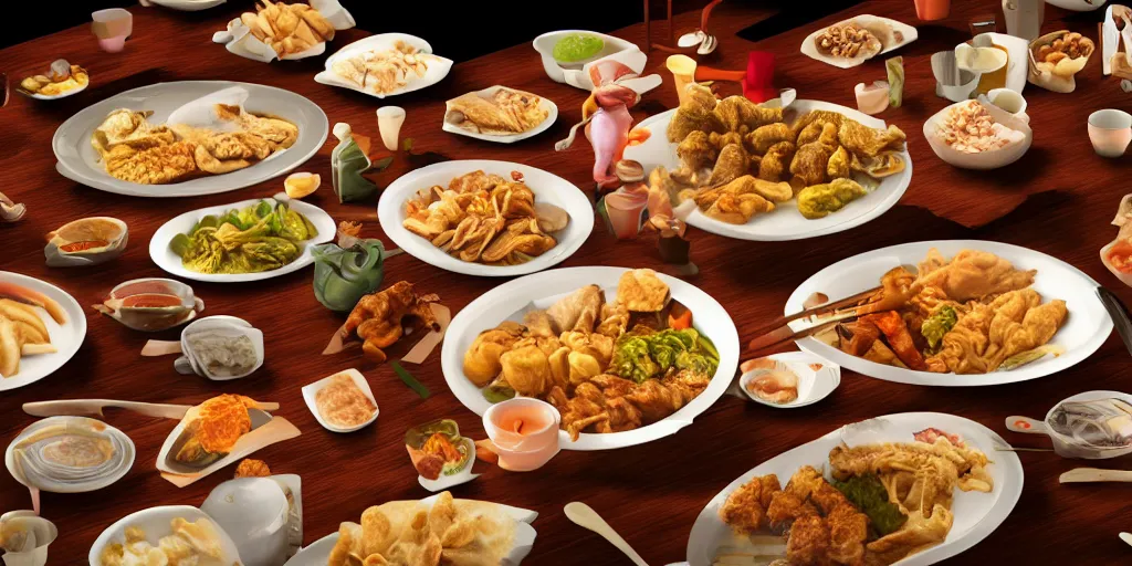 Prompt: hyper realistic photo of the last supper, chinese buffet, octane render