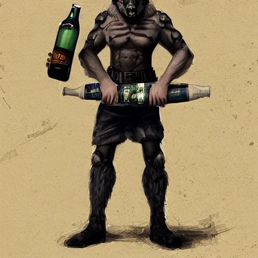 Image similar to a humanoid german shepherd beast - man in military style, holding a bottle of beer, artstation, concept art, smooth, sharp foccus ilustration, artstation