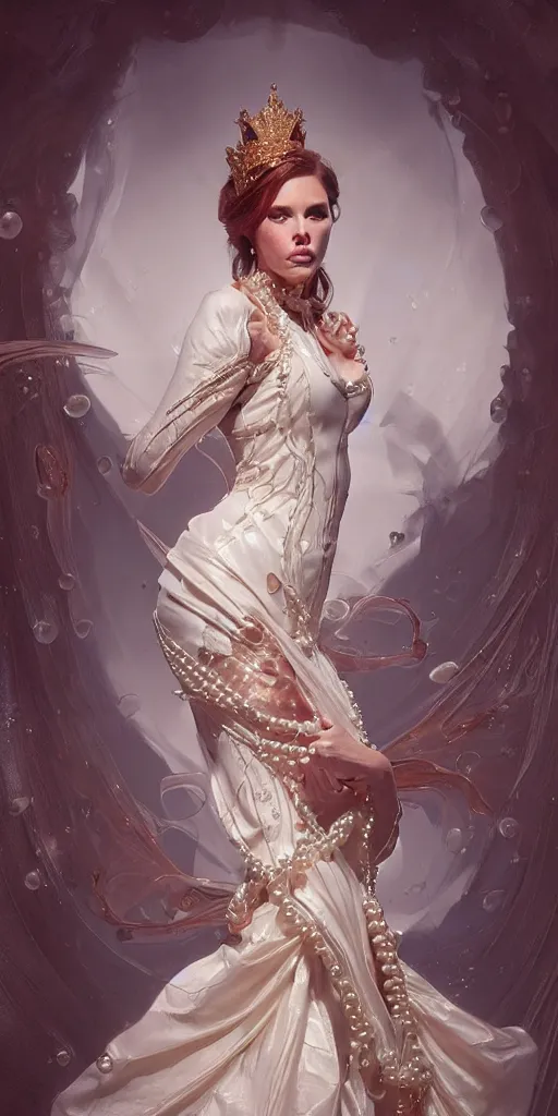 Image similar to a realistic liquid queen with a decorated dress made of white pearls , highly detailed, digital painting, Trending on artstation , HD quality, by artgerm and greg rutkowski and alphonse mucha, dramatic light, octane
