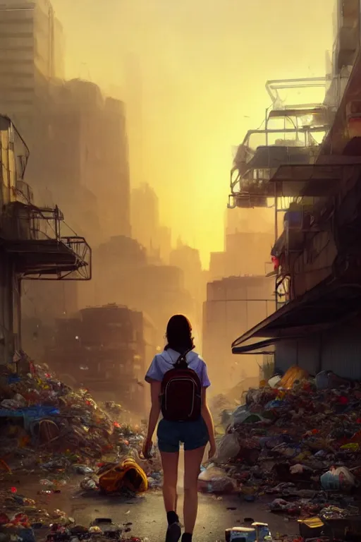 Image similar to young woman minishort with backpack looking at food at garbage dump, destroyed cars, city is pure wasteland, moody sunset background, rays of sunlights, ( ( ( rainbow ) ) ), high details, sharp, photorealism, cinematic, greg rutkowski, alphonse mucha, trending on artstation, artgerm, unreal engine, highly detailed