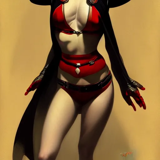 Image similar to Harley Quinn as a nun, dark fantasy, medium shot, intricate, elegant, highly detailed, digital painting, volumetric light, artstation, concept art, smooth, sharp focus, illustration, art by Gil Elvgren and Greg Rutkowski and Alphonse Mucha