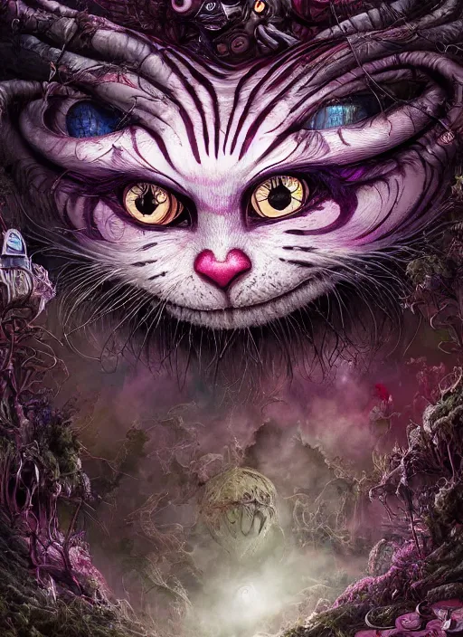 Prompt: cheshire cat, biopunk, highly detailed, cinematic, 8 k, by megan duncanson, benjamin lacombe, adrian borda, stanley artgermm, tom bagshaw, craig mullins, carne griffiths, ayami kojima, beksinski, giger, trending on deviantart, hyper detailed, horror, full of colour