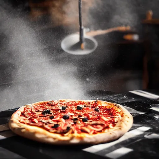 Prompt: Action photo of a pizza dough spinning in the air. The spinning pizza dough is hovering over the black reflective marble workbench. Flour dust in the air. Tomato and basil sitting on the workbench. Flames in the background. Backlit.