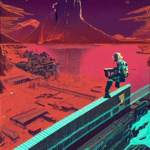 Image similar to Stunningly intricate illustration of a cyberpunk explorer overlooking a moving mountain by a lake, highly detailed, midnight, by Victo Ngai and James Gilleard , Moebius, Laurie Greasley