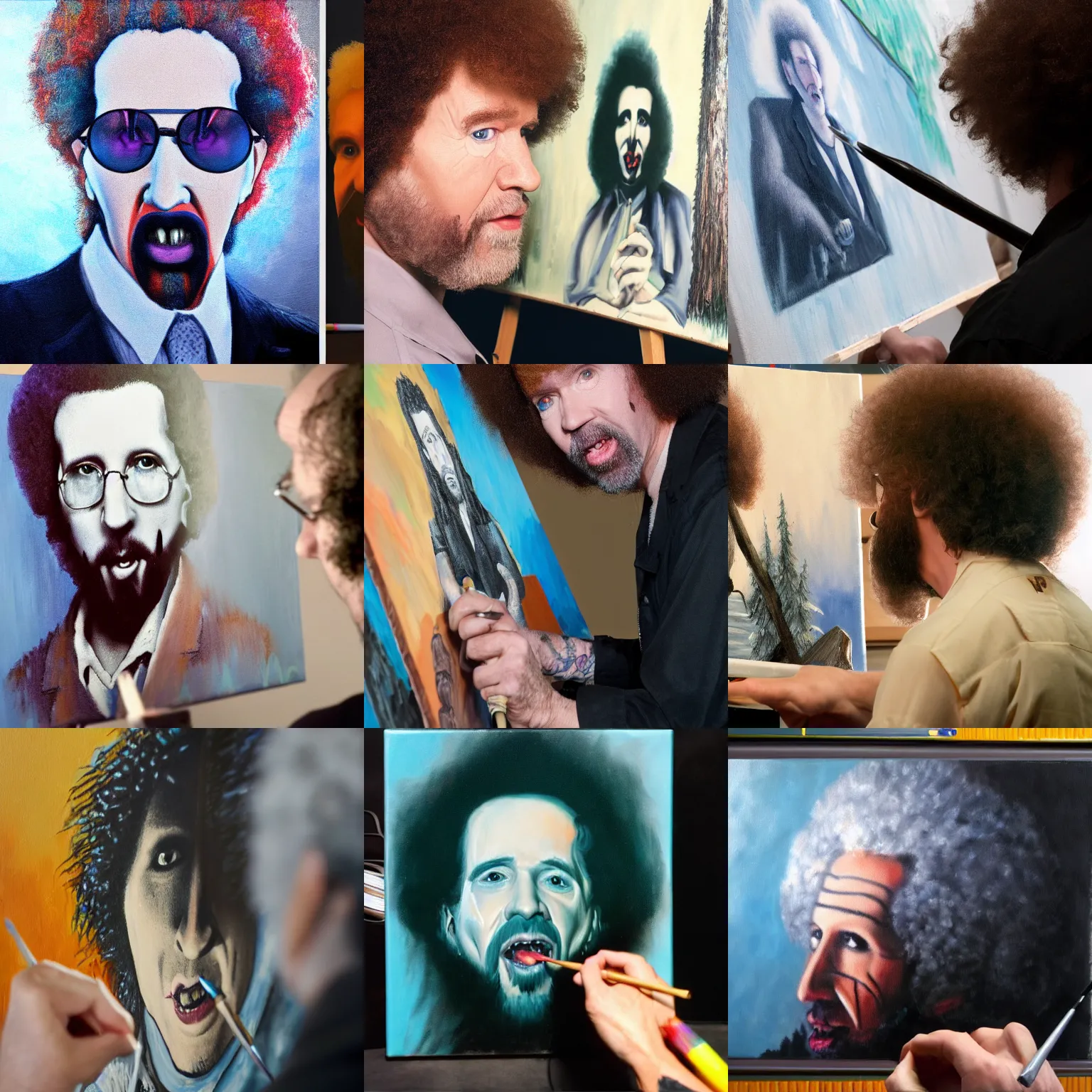 Prompt: a closeup photorealistic photograph of bob ross working on a canvas painting of marilyn manson. happy trees. film still. brightly lit scene. this 4 k hd image is trending on artstation, featured on behance, well - rendered, extra crisp, features intricate detail, epic composition and the style of unreal engine.