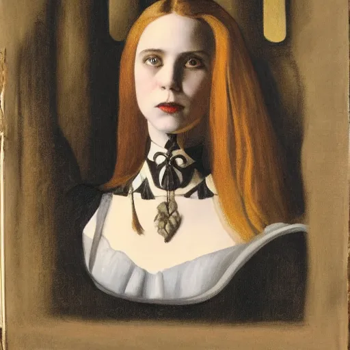 Prompt: a portrait of a gothic young women with long hair in a magical castle by currin, john