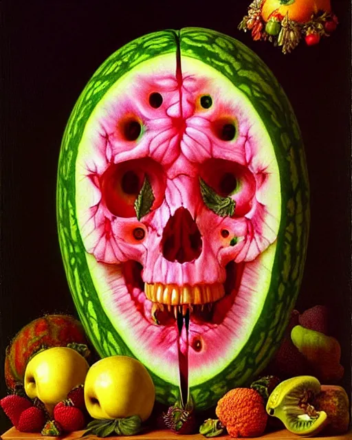 Image similar to interdimensional human watermelon skull being made out of fruits, ethereal still life renaissance painting by giuseppe arcimboldo and alex grey