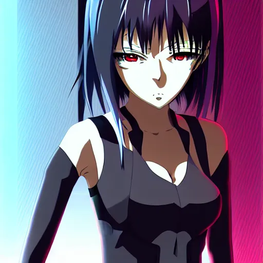 Image similar to female cyberpunk anime girl, yellow eye and red eye, symmetrical faces and eyes symmetrical body, middle shot waist up, Madhouse anime studios, Black Lagoon, Wit studio anime, 2D animation