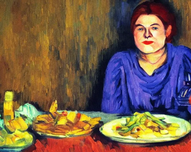 Image similar to a russian woman sitting at a table with a plate of food in dark warm light, a character portrait by nadya rusheva, featured on cg society, neo - fauvism, movie still, 8 k, fauvism, cinestill, bokeh