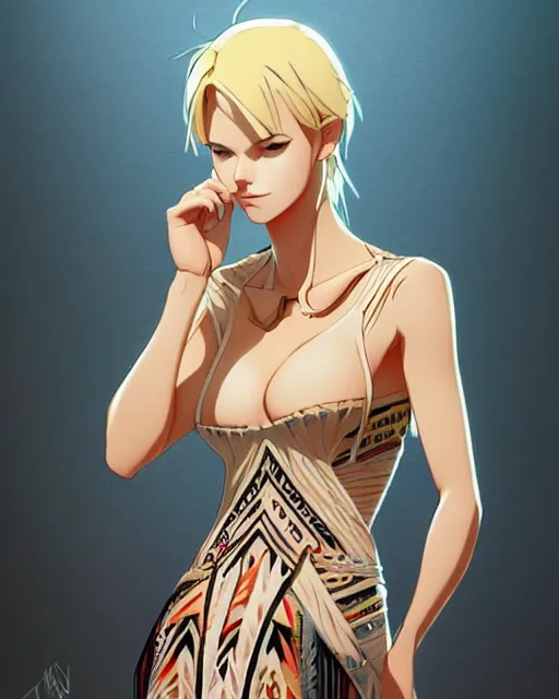 Image similar to blond woman in a tribal ripped dress, by artgerm, by studio muti, greg rutkowski makoto shinkai takashi takeuchi studio ghibli