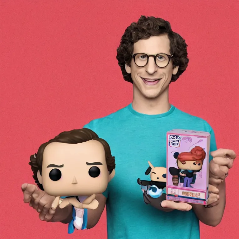 Prompt: A Funko pop of andy samberg in front of a pastel orange background.