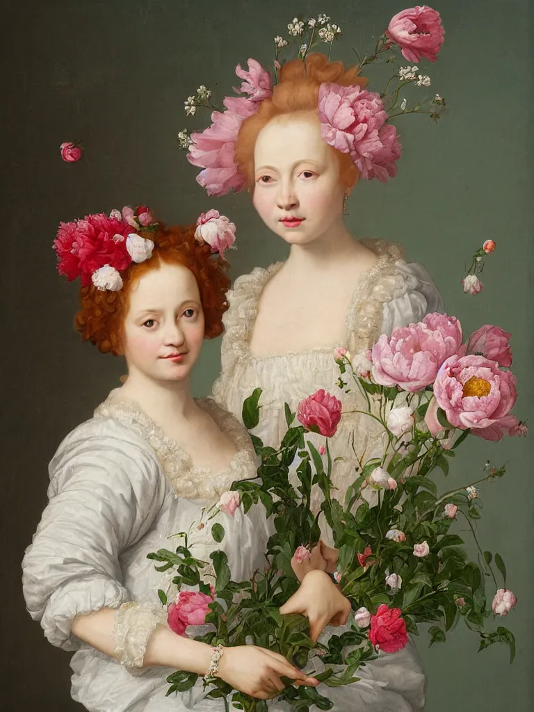 Prompt: Dutch style, Renaissance studio portrait painting of a beautiful, young woman with rosy cheeks, luscious, voluminous, curly red hair adorned with many pink and white flowers, cherry blossoms, peonies, white roses, baby's breath flowers, wearing a white lace dress, against a sea green textured backdrop, in the style of Jan Davidzoon de Heem,