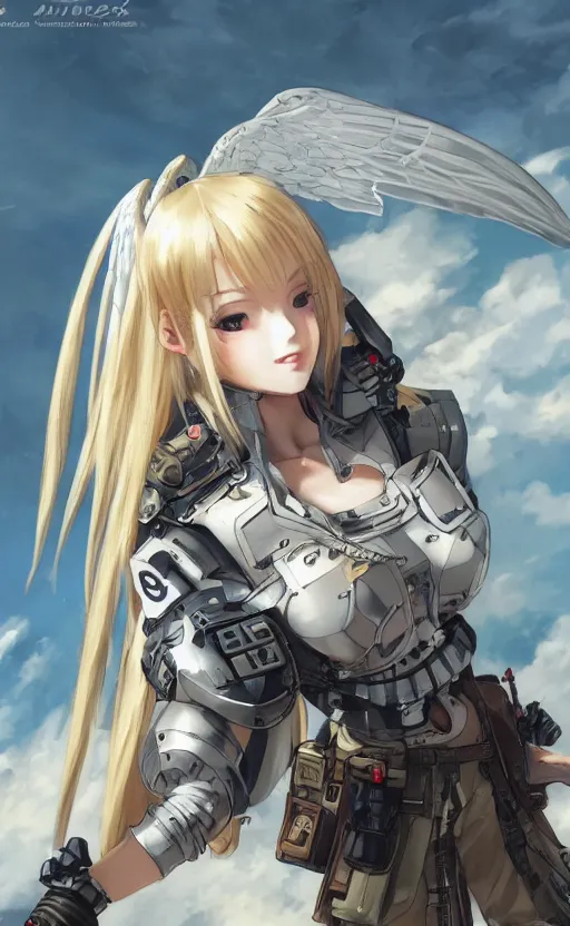 Image similar to shot of mechanized valkyrie, anime style, world war 2, vintage clothing, spread wings, blonde hair, hair down, symmetrical facial features, from arknights, hyper realistic, 4 k, rule of thirds, extreme detail, detailed drawing, safebooru, hd, d & d, realistic lighting, by alphonse mucha, greg rutkowski, backlit