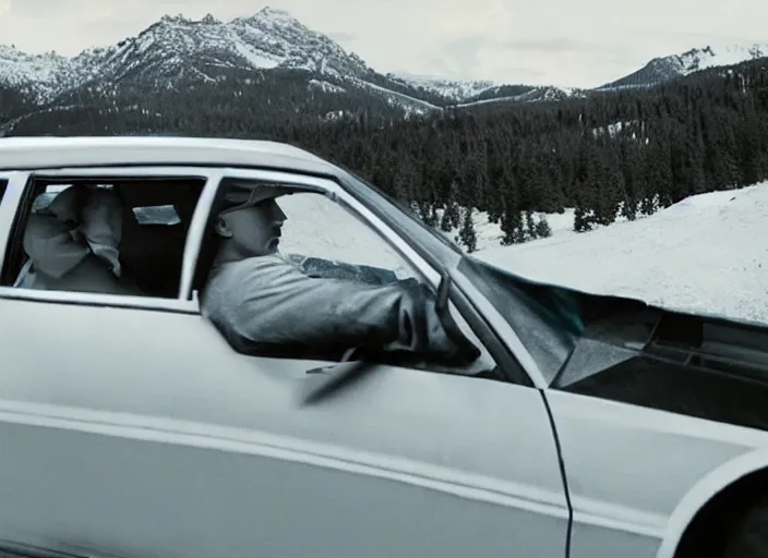 Prompt: a very high resolution image from a new movie, eminem driving a car. inside of a car. alone. mountains, directed by wes anderson