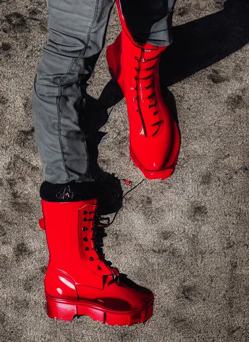 Image similar to hyperrealistic and heavy detailed moncler boots of whole lotta red by playboi carti, leica sl 2 5 0 mm, vivid color, high quality, high textured, real life