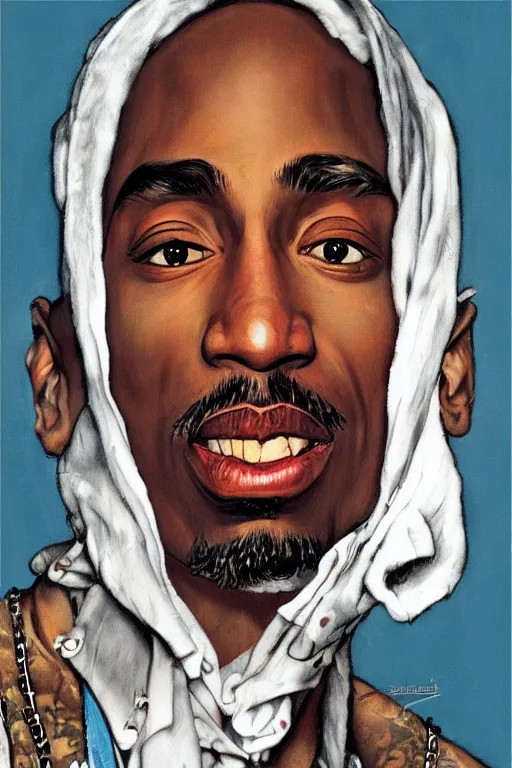 Image similar to Tupac, illustrated in whimsical style, Illustration by Norman Rockwell, artgerm, loish, oil painting,