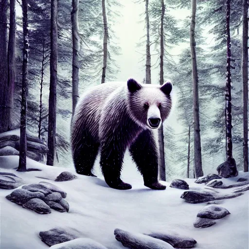 Prompt: A portrait of a white bear in a snowy forest, intricate abstract. intricate artwork. by Tooth Wu, wlop, beeple, dan mumford. octane render, trending on artstation, greg rutkowski very coherent symmetrical artwork. cinematic, hyper realism, high detail, octane render, 8k, iridescent accents