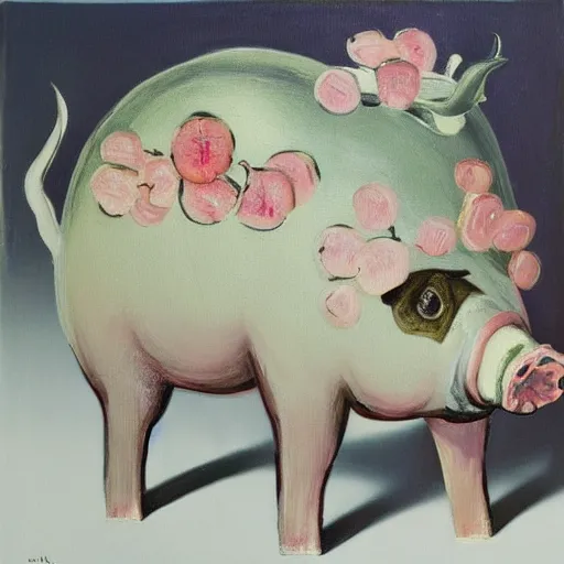 Image similar to “pig paintings and pig sculptures in a pig art gallery, pork, ikebana white flowers, white wax, squashed berries, acrylic and spray paint and oilstick on canvas, by munch and Dali”