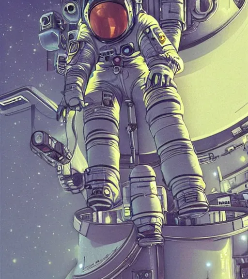 Prompt: realistic cyberpunk japanese astronaut with long limbs on a spacewalk outside of their ship, techwear, Industrial Scifi, detailed illustration, character portrait, by Martin Grip and Moebius