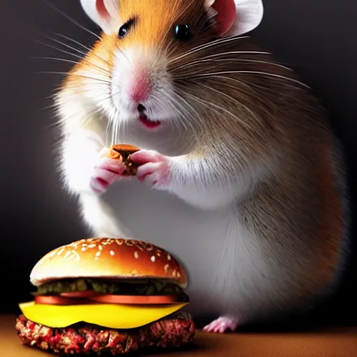 Image similar to a hamster eating a hamburger,photorealiatic,hyperdetailed,hyperrealistic,studio lighting,studio photography,professional photography,professional lighting,detailed face,3 point lighting,4k,digital art,ultra realistic,ultra detailed,art by greg rutkowski