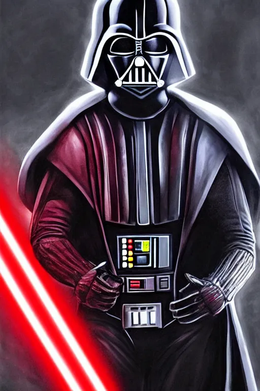 Image similar to Elon Musk portrayed as Darth Vader, holding his helmet under his arm, wearing his power armor and red lightsaber, luigi lucarelli's style