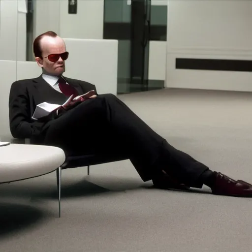 Image similar to agent Smith from the matrix if he is not at work, relaxed, cosy 8k