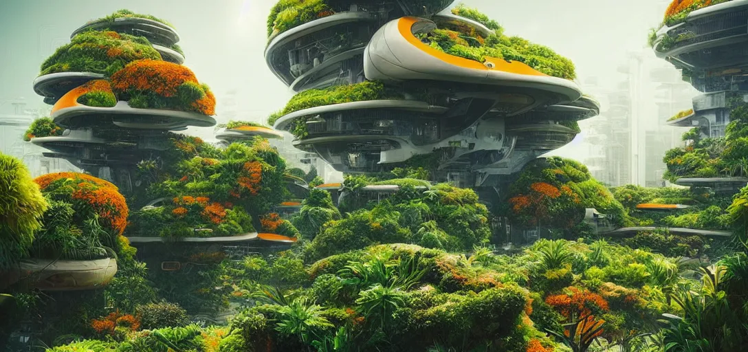 Image similar to a futuristic biome, gardens and orange brutalist buildings with plants growing on top sci - fi, digital art by beeple