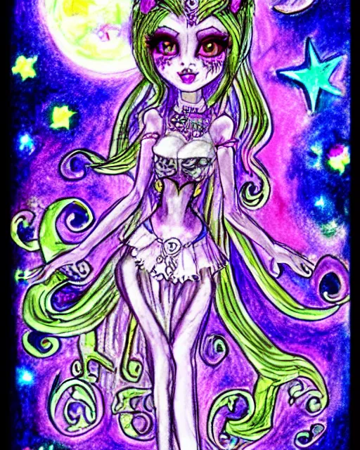 Image similar to josephine wall watercolor pencil drawing of a monster high universe clawdeen wolf fullmoon, stars, sigils and doodles around her, doodles of chibi jesters