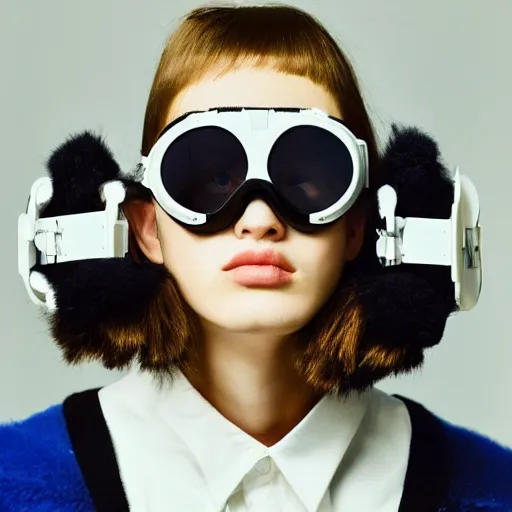 Image similar to realistic photoshooting for a new balenciaga lookbook, color film photography, portrait of a beautiful woman, model is wearing sski goggles in style of Tyler Mitchell, 35mm,