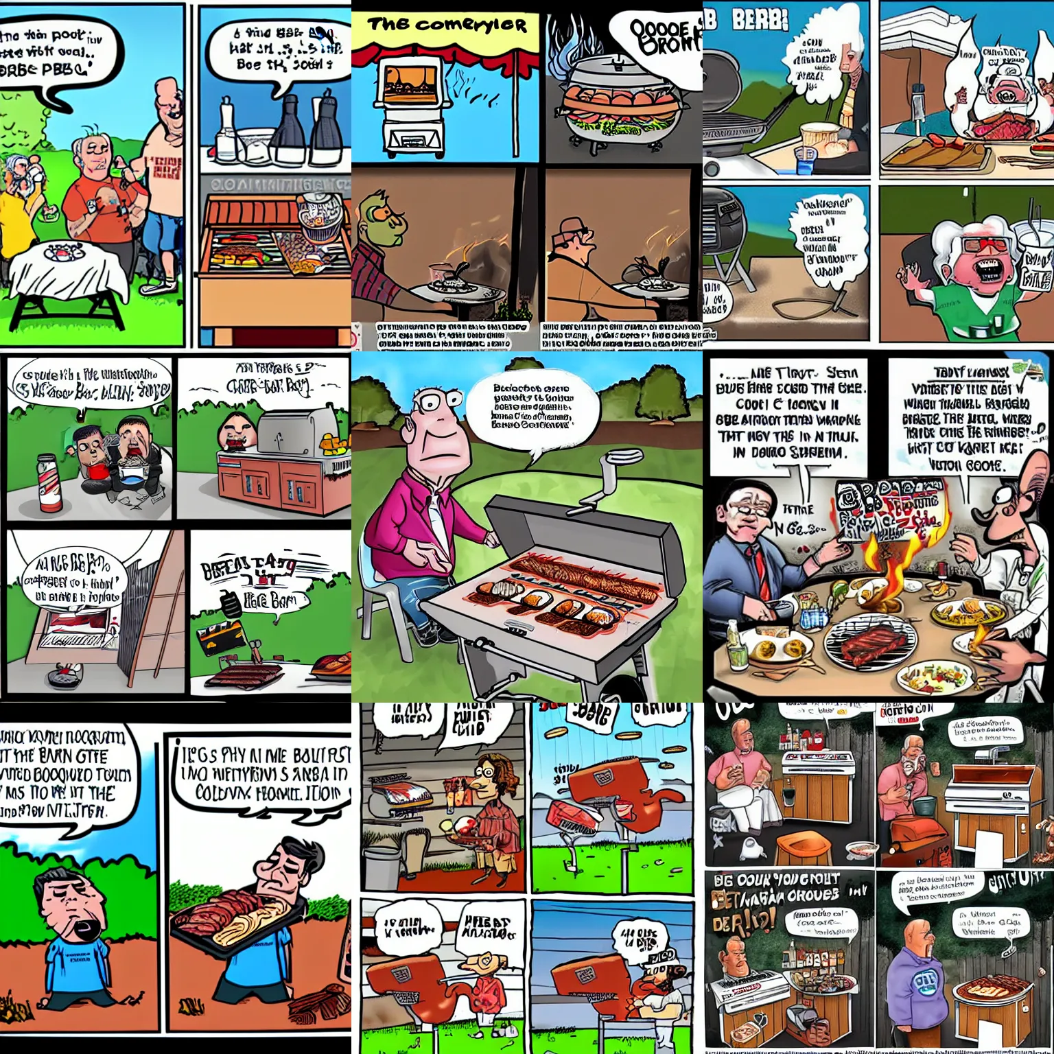 Prompt: bbq in the backyard cartoon, boomer comic, art by ben garrison