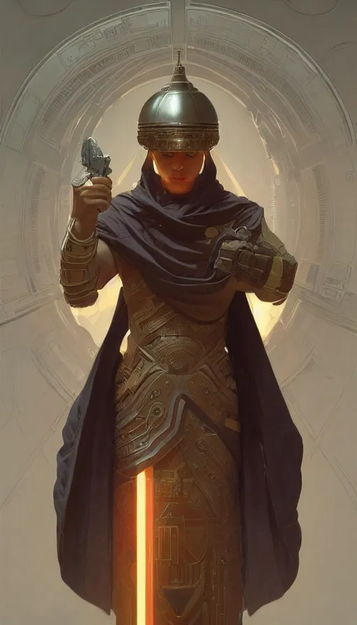 Image similar to full body Character design of a scifi religious monk with helmet, symmetrical, center punched, Archviz, elegant, intricate, digital painting, artstation, concept art, smooth, sharp focus, illustration, art by artgerm and greg rutkowski and alphonse mucha